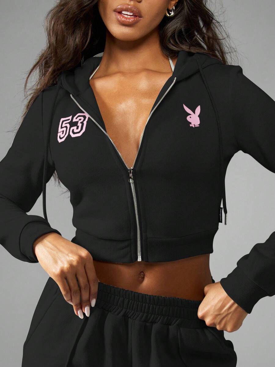 Missguided x Playboy 兔子标志短款拉链连帽卫衣，带有数字 53 细节，现代运动秋冬休闲街头服饰 - 黑色 - 查看 1