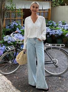 Livesso Blusa elegante de manga larga con cuello en V de unicolor y ajuste holgado, estilo vintage, para otoño