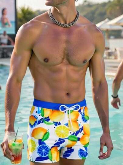Manfinity VCAY Mehrfarbige Badehose aus Strickstoff mit Zitronen-Print für Herren, kurz geschnitten und mit praktischen Taschen. Diese farbenfrohen Badeshorts sind perfekt für ein stilvolles und bequemes Strand- oder Poolerlebnis.