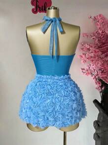 BamGleam Sexy Hollow Cross Tie Red Rose Dress - Blue - View 2