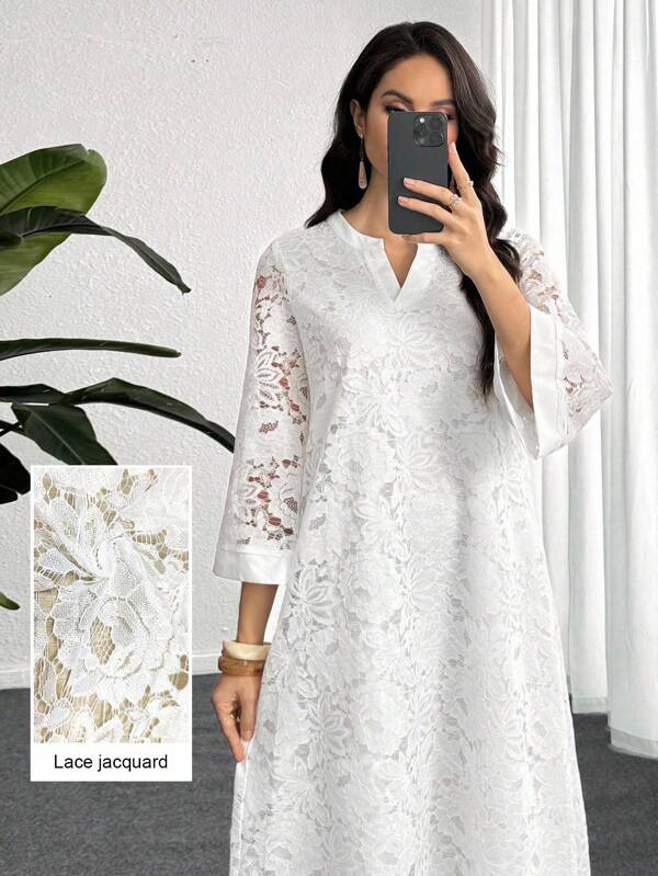 SHEIN Lacomfia Elegant White Lace Arabian Dress Long Notched Neckline And Wrist-Length Sleeves For Women
