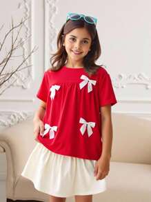 SHEIN Leap Crew Tween Girls Loose Casual Round Neck Short Sleeve Contrast Bow Decor T-Shirt - Red - View 2