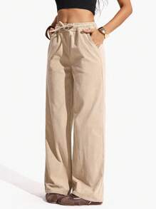 SHEIN ICON Women's Casual Solid Color Corduroy Drawstring Waist Loose Wide Leg Pants Fall Cloth For Women - Khaki - View 3