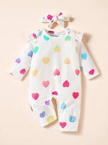 Baby Girl Heart Print Patchwork Ruffle Trim Long Sleeve Jumpsuit, Autumn Spring - Multicolor - View 8