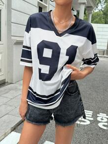 INAWLY Women's Summer V-Neck Short Sleeve Casual T-Shirt With Digit Stripe Print Graphic Tees Women Tops