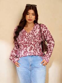 Elaquor Damen Große Größen Floral V-Ausschnitt Langarm Lässig Loose Pullover - Pink - Übersicht 7