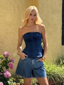 SHEIN EZwear Ladies Autumn New Backless Sleeveless Tube Top Waist Fishtail Denim Top, Suitable For Daily Street Wear - Blue - View 5