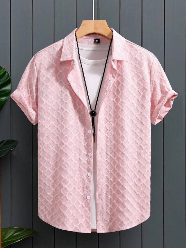 Manfinity Homme Men's Diamond Pattern Front Button Casual Jacquard Short Sleeve Shirt Men Casual Short Sleeve Shirt Men Summer Shirt Pink Men Shirt Men Textured Shirt Men Geometric Shirt