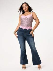 ROMWE Grunge Punk Vintage-Washed Floral Embroidery Bell-Bottom Plus Size Jeans, Casual Retro Boho Style - Blue - View 2