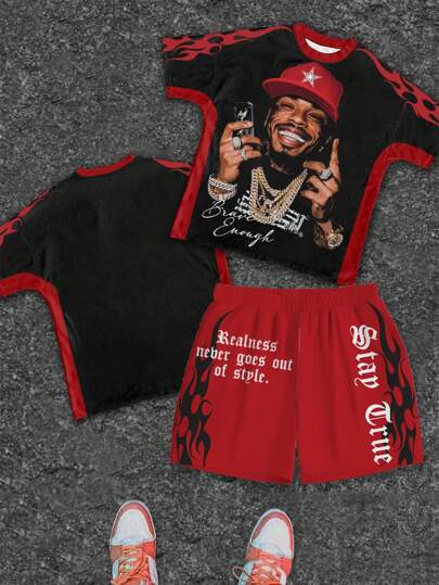 SHEIN Bolty Tween Boys 2 Pieces Casual Graphic Tee Set With Singer Silhouette Print, Flame Pattern, And Gothic Text, Suitable For Summer Boys 2 Piece Set Drippy Outfits Sets For Teen Boy Y2k Clothes Boys Set 10 12 Drippy Outfits Boy