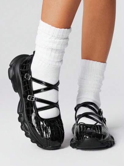 ROMWE Avant Black Mary Jane Flat Shoes Bowknot Ballet Flats, Unique Platform Casual Women Sneakers Wedge Heels