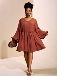 Slaydiva Casual, Versatile, Loose Fit, Vacation, Cruise Travel, Beach Wear Women Plus Size Front Button Tie Sleeve A-Line Dress - Brown - View 3