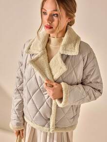 CLARA VERO Women Color Block Front Button Placket Sleeveless Pockets Casual Padded Coat Fashionable Casual Geometric Quilted Long Sleeve Jacket With Pockets - Beige - View 5