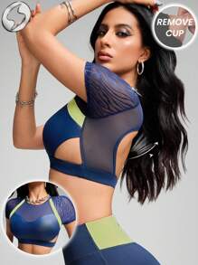 Innovista Innovista Women's Navy Summer Athleisure Gym Crop Top,Contrast Stitching Color Block Backless Sports Shirts,Breathable Mesh Shiny Foil Workout Athletic Clothes - Multicolor - View 8