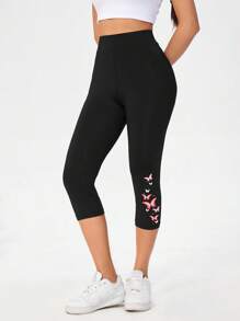 SHEIN Essnce Casual Knit Tight Butterfly Print Design Women's 3/4 Length Leggings, Summer Suitable For Going Out Fall Clothes - Black - View 3