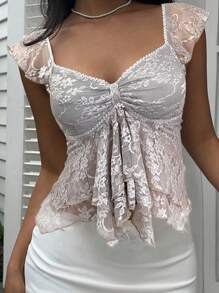 SHEIN EZwear 女士灰色蕾丝荷叶边下摆甜心领短袖优雅吊带背心 - 灰色 - 查看 4