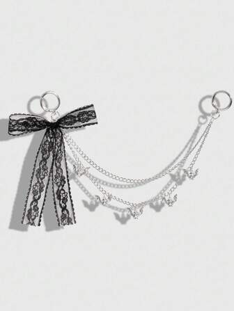Kawaii 1pc Vintage Y2K Goth Fashion Dark Style Silver Hollow Multilayer Chain Bat Pendant With Black Lace Bow Decor, DIY Keychain/Bag Charm, Suitable For Women As Daily Wear Or Gift For Holiday