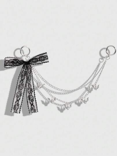 ROMWE Kawaii 1pc Vintage Y2K Goth Fashion Dark Style Silver Hollow Multilayer Chain Bat Pendant With Black Lace Bow Decor, DIY Keychain/Bag Charm, Suitable For Women As Daily Wear Or Gift For Holiday, Halloween