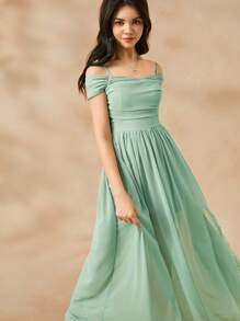 少女绿色清新雪纺吊带连衣裙，夏季优雅开衩沙滩度假连衣裙 - 綠色 - 查看 4