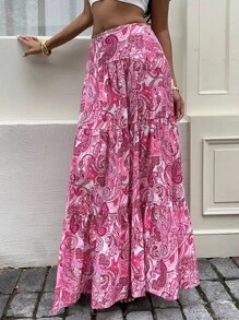 SHEIN Unity 女式夏季性感度假波西米亚风佩斯利印花多层下摆高开衩裙 - 粉色 - 查看 5