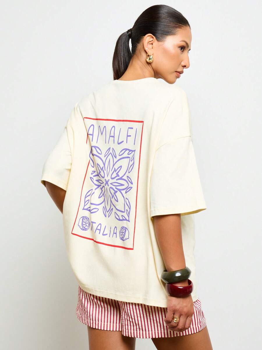 AiiRZ 意大利海滩度假超大 T 恤地中海阿马尔菲海岸夏季节日图案宽松度假休闲 T 恤