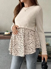 SHEIN 休闲碎花拼接印花孕妇哺乳多功能长袖上衣，适合外出穿着，米色，秋季米色孕妇衬衫，孕妇碎花上衣 - 彩色 - 查看 5