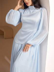 Veilorie Vestido de mujer de manga larga elegante con cuello alto, parche de malla y unicolor - Azul - Ver 5