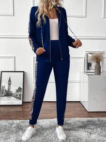 EMERY ROSE 2 件女式豹纹拉链前连帽夹克和裤子休闲装，秋季 - 藏蓝色 - 查看 5