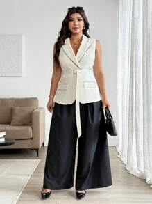 SHEIN LUNE Plus Size Summer Elegant Commuter Vest Wide Leg Pants Two Pieces Set - Apricot - View 5
