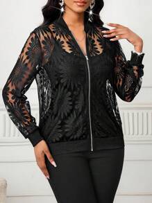 SHEIN Lady Women's Floral Mesh Long Sleeve Zip Front Casual Lightweight Baseball Jacket Lace Jacket Black Lace Jacket Lace Bomber Jacket Black Jacket Women Lace Cover Up
