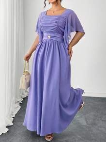 SHEIN Clasi Vestido de gasa elegante de color púrpura para mujer de talla grande, vestido largo y fluido de verano con escote cuadrado y mangas cortas, adecuado para el té de la tarde. Vestido púrpura para mujer, vestido periwinkle, vestido lavanda, vestido lila, vestido maxi púrpura de verano - Morado - Ver 4