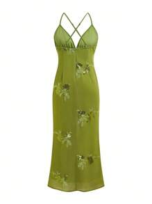 SHEIN LUNE Women's Boho Maxi Dress In Olive Green With Delicate Floral Embroidery And Spaghetti Straps - Green - View 2