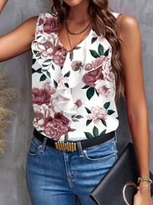 SHEIN Clasi Blusa Feminina com Colarinho Ruge e Padrão Floral Casual, Adequada para o Verão