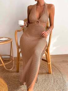 SHEIN Swim 度假海滩纯色高开叉露背挂脖连衣裙 - 駝色 - 查看 6