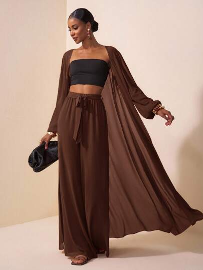 Zivah 纯色长袖开衫和系腰裤休闲套装