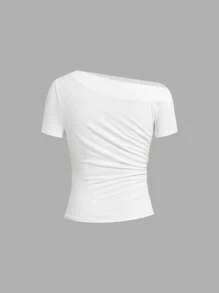 Ellevyn Women's Elegant Solid Color Asymmetric Ruched Slim Fit T-Shirt, Summer