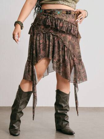 Hippie Damen Retro Hippie Paisley Blumen Muster Schmetterling Taillen Kette unregelmäßiger Saum A-Linie Große Größen Rock