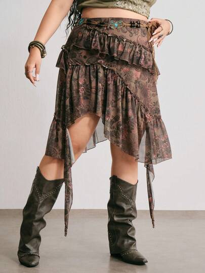 Women's Retro Hippie Paisley Floral Print Butterfly Waist Chain Asymmetrical Hem Plus Size A-Line Skirt