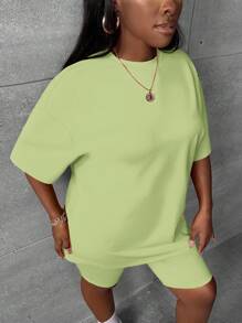 Slaydiva Women Solid Color Round Neck Short Sleeve Top And Shorts Casual Set