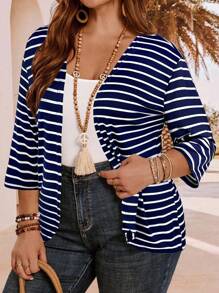 EMERY ROSE Plus Size Women Summer Vacation Striped 3/4 Sleeve Jacket,Fall Women Clothes,Plus Size Women's Summer Vacation Navy Blue Striped Three Quarter Sleeve Jacket,Summer Holiday,Vacation Outfits Women,Simple And Fashionable For Everyday Wear,Vacay Vibes,Springbreak,Casual Wear SS,Bohemia Winter Autumn