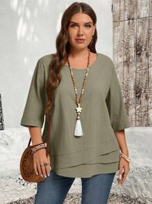 EMERY ROSE Plus Size Asymmetric Hem Green Country Shirts Fall Clothes,Teacher Shirts - Olive Green - View 6