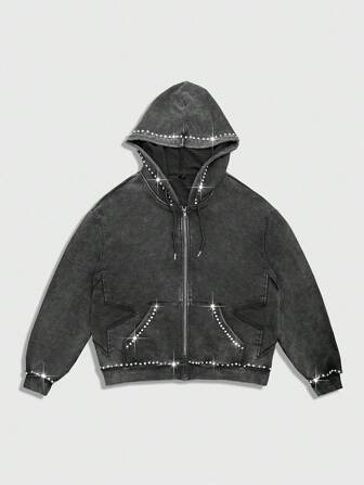 Street Life Sweat-shirt-shirt à capuche, poches et manches longues avec cristaux et strass pour hommes, automne