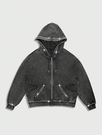 Street Life Sudadera con capucha, bolsillo y cremallera, con cristales y strass, para hombre, otoño