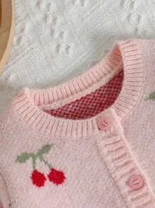 SHEIN Baby Girls Knit Sweater Co-Ord Set, Pink With Cherry Motif, Soft & Comfortable For Casual, Outdoor, Travel, Vacation, Home, Daycare, And Playtime Fall Winter