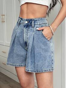 SHEIN Essnce 女式 Y2K 千禧风格修身 A 字型阔腿牛仔短裤 - 藍色 - 查看 6
