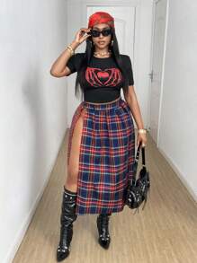 Maweii 大码长款格子高开叉休闲简约铅笔裙，适合通勤和度假 - 彩色 - 查看 4