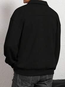 Manfinity Dauomo 男士纯色落肩长袖半开襟拉链休闲卫衣 - 黑色 - 查看 2
