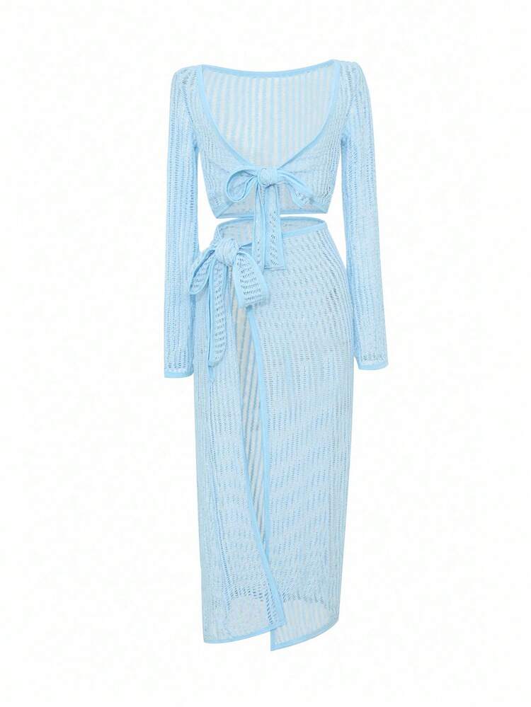 2pcs/Set Women Vacation Style High Slit Tied Top & Skirt Outfit,Beach Outfits,Fall Women Clothes