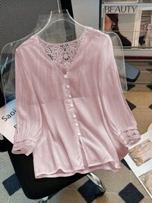 Franclia Blusa elegante de estilo francés con cuello en V, puños y bajo con encaje, de unicolor, versátil y casual para atuendos casuales y ropa de primavera para la universidad - Rosa - Ver 1