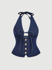 SHEIN MOD 大码女式休闲吊带牛仔上衣、女式外出上衣、度假、生日、露背上衣、可爱夏季上衣、早午餐、老钱风格女装、街头女装、外出、巡航、外出上衣、派对、生日、复古、前系带上衣、Y2k 上衣、女牛仔 - 淺色水洗藍 - 查看 1